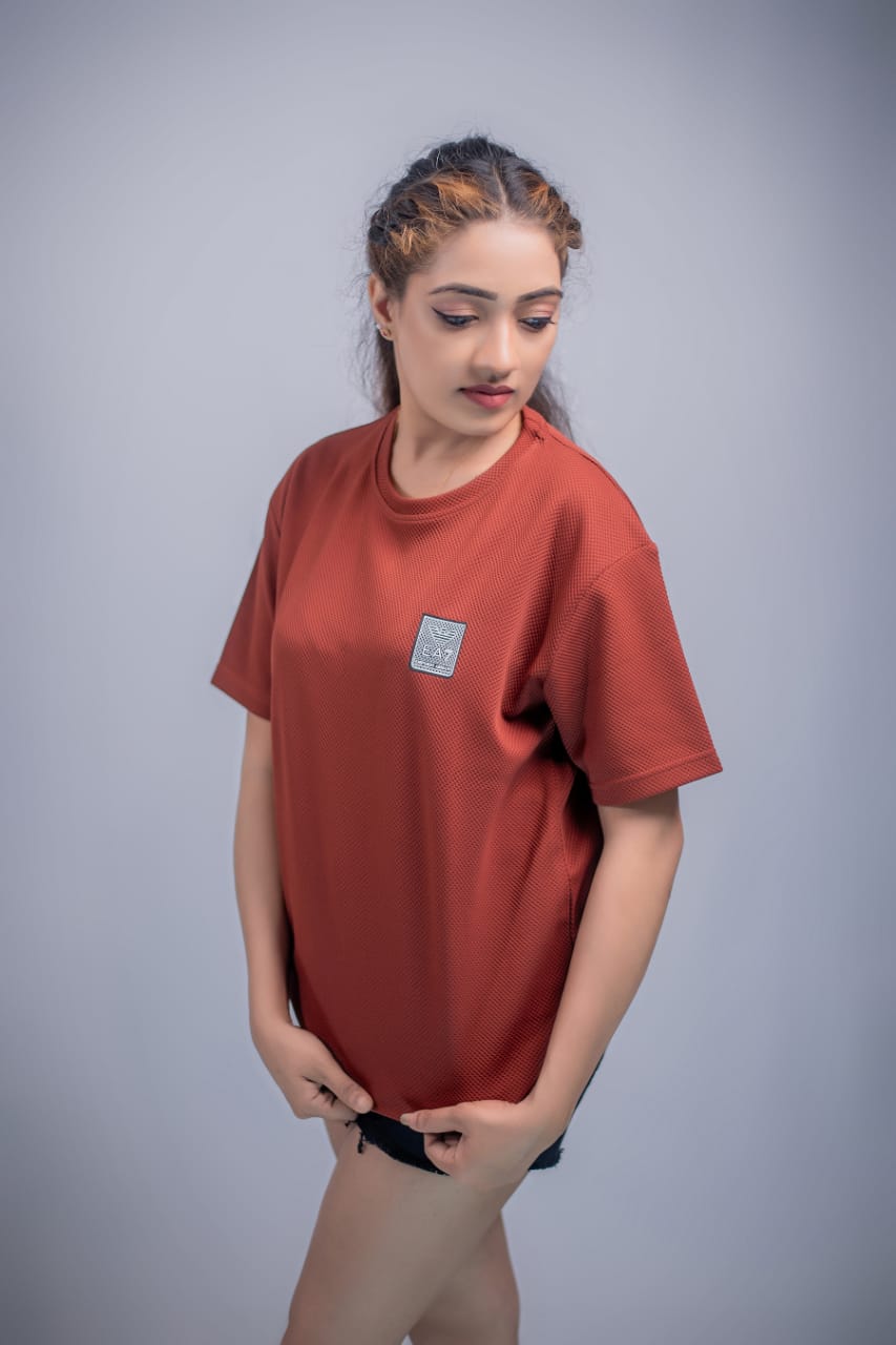 EA7 Emporio Armani Textured Patch Logo T-Shirt for Women - Terracotta